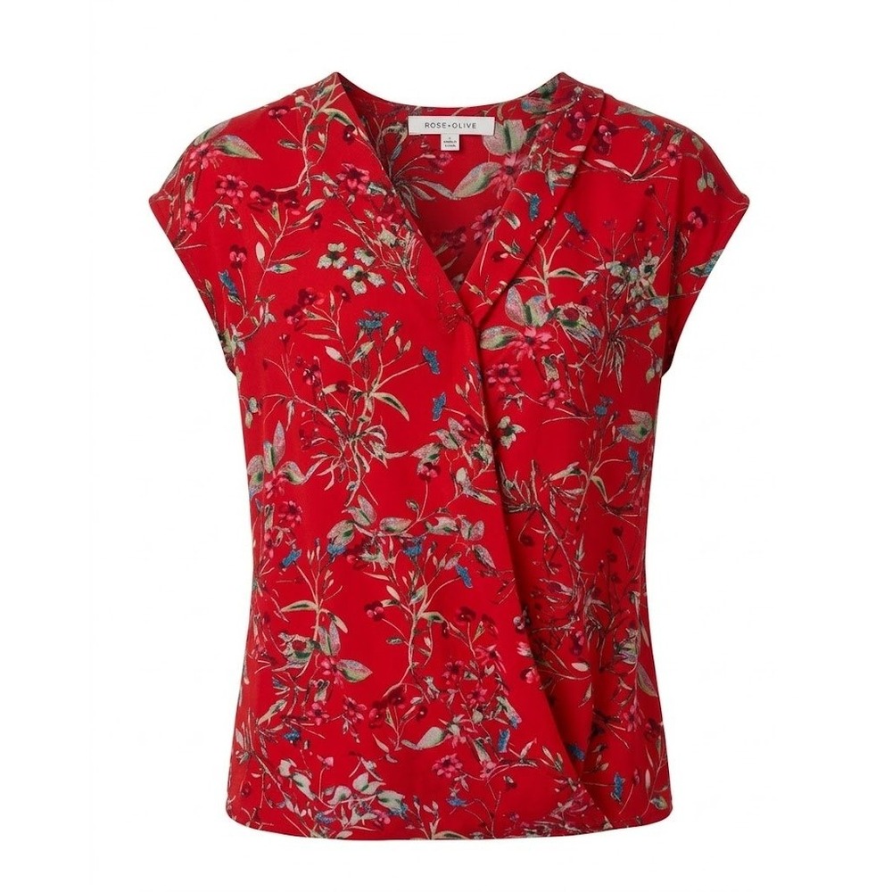 Rose Olive Blouse Womens L  Red Floral V Neck Cap Sleeve Pullover Crossover Top